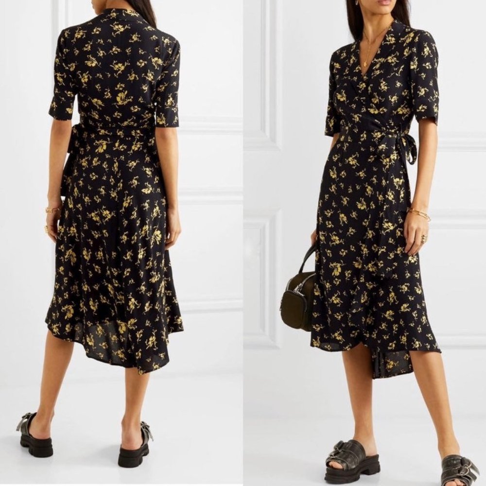GANNI Floral-print Crepe Wrap Dress In Black